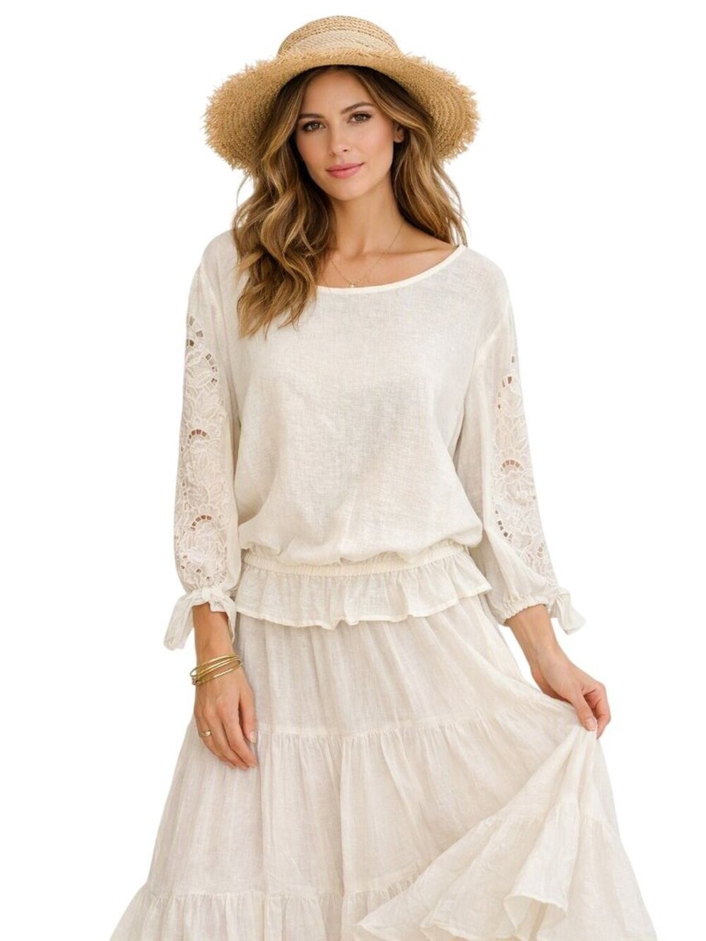 NWT Cynthia Rowley Cottage Core White Linen Bld Blouse Lace Sleeves Ruffle Hem L